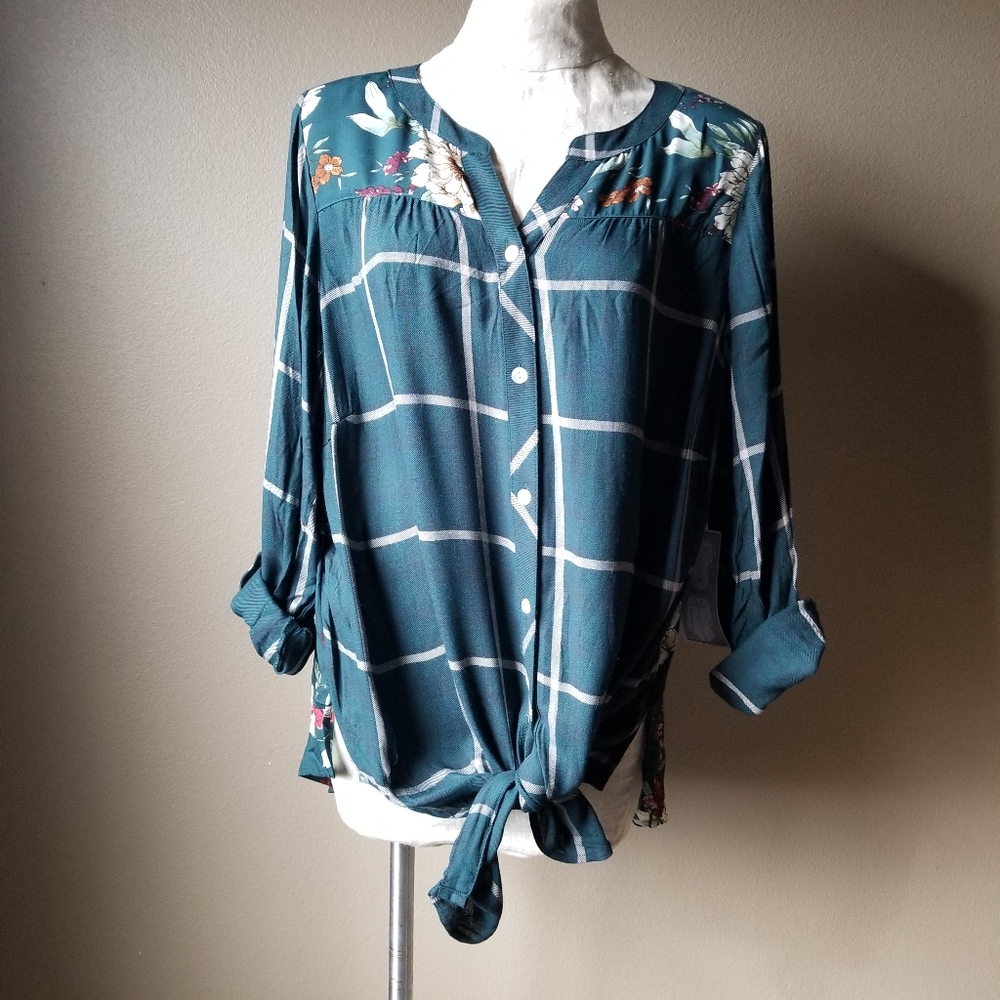 dressbarn Teal Plaid Button-Front Tie-Hem Blouse with Floral Accents